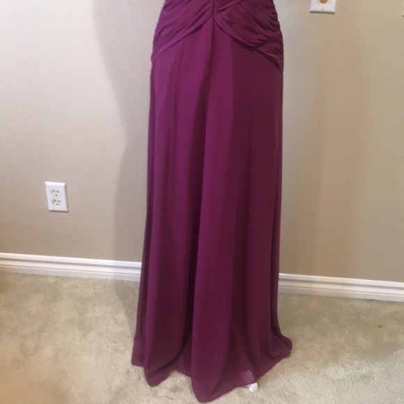 DAVID'S BRIDAL Burgundy Floral Detail One Shoulder Pleated Bodice Maxi Dress-2 - Picture 8 of 13